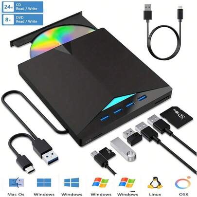 7 In 1 External CD DVD Drive With 4 USB A Ports And TF/SD Card Slots, USB 3.0 & Type CPortable CD/DVD Disk Drive Player Burner Reader Writer For Laptop Desktop PC Windows 11/10/8/7 Linux OS