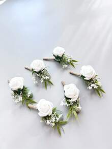 1pc/6pcs Artificial Rose Flower Groom Boutonniere Man Brother Corsage Graduate Pin Suit Wedding Flowers Party Deocration Valentine's Day Accessories - White - View 5