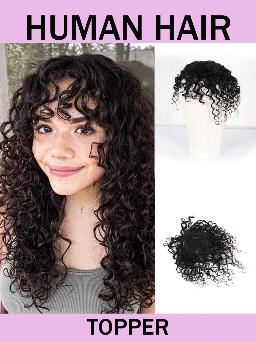 Natural Short Hair Toppers With Bangs Kinky Curly Human Hair Toppers Clip-In Human Hair Wiglets For Women With Thinning Hair Instant Volume And Style Natural Color - S1 - View 1