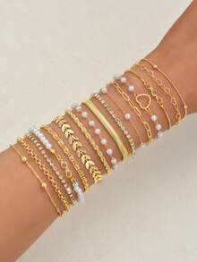 8pcs/4pcs Fashion Elegant Faux Pearl Hollow Heart Layered Bracelet & Bangle Sets, Suitable For Girls Daily Wear, Summer Jewelry - Golden - View 10