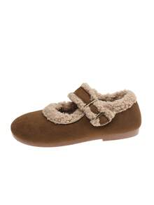 幼儿保暖毛绒魔术贴圆头平底套脚毛绒鞋,适合秋冬季穿着 - 黃色 - 查看 11