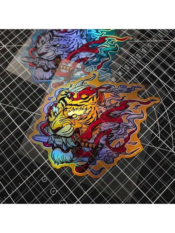 1pc Anime Tiger Head Car Sticker, UV Laser Sticker, Fierce Tiger, Holographic Material, Sticker, JDM Style, Electric Vehicle, Motorcycle, Window Glass, Waterproof Decorative Sticker