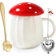 Juego de tazas de té con forma de hongos para taza de té de vidrio de leche, taza de café con tapa, regalos para niñas, mujeres, cumpleaños, Navidad, hogar, decoración de hongos - rojo - Ver 1