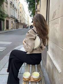 Áo khoác da kaki ngắn cổ bẻ phong cách Mỹ cổ điển, giản dị, sang trọng dành cho nữ - Màu kaki nhạt - Xem 2