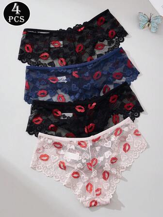4 piezas - Bragas de encaje con corazón y estampado de lápiz labial rojo sexy para mujer, con estampados vibrantes y llamativos de lápiz labial rojo, encaje con forma de corazón tan delicado como el bordado y un diseño calado que realza un ambiente puro y cautivador; bragas triangulares de estilo francés de talle bajo para mujer con un forro interior cómodo que se siente suave en la piel.