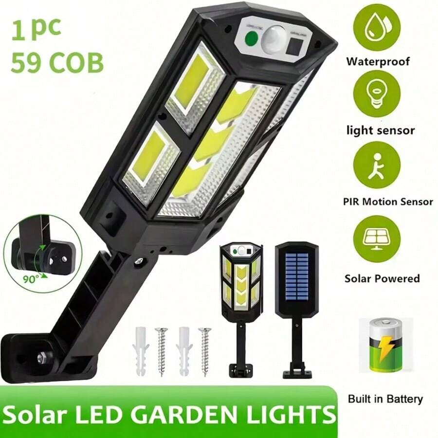 1 pieza Luces solares de calle, Luz solar de pared COB de 59 con control remoto, resistente al agua, con sensor de movimiento, para iluminación de áreas y patios, luces solares de ángulo amplio, para iluminación eficiente de energía al aire libre, lámpara de de jardín, calle y patio