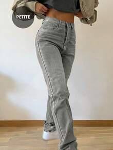 Jeans rectos de mujer sin estiramiento, de pierna recta y extra largos, de estilo casual con cremallera, botón y bolsillos - Gris Claro - Ver 7