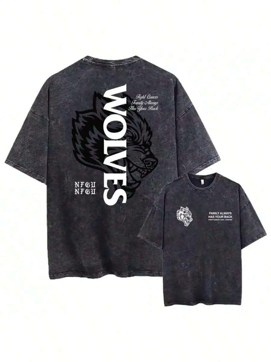 Ropa De Hombre 1PCS Retro Darc Sports Wolf Pattern T-Shirt For Men And Women - Y2K Nostalgic Washed Cotton Street Style Loose Round Neck Shirt, Comfortable For All Seasons, Machine Washable, Hip-Hop Style Casual Top, Printed Short Sleeve T-Shirt-Premium Cotton Graphic Printed Round Neck T-Shirts-365T Halloween Costumes - 黑色 - 查看 1