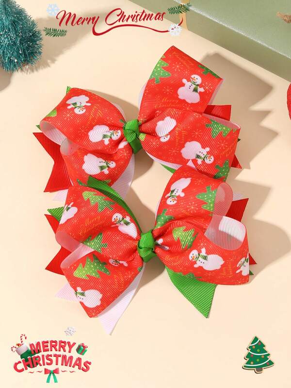 2pcs Christmas Hair Bows For Women Girls Christmas Tree Snowman Pattern Bow Hair Clips Red Grosgrain Ribbon Bow Alligator Clips Cute Snowman Christmas Tree Printed Bow Hairpins Christmas Party Decoration Christmas Gifts Bow Barrettes Women Hair Accessories