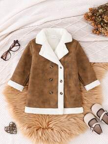 Baby Girl Brown & White Thermal Lined Long Coat, Retro & Fashionable Double-Breasted Design, Suitable For Casual Outings, School, And Leisure Activities