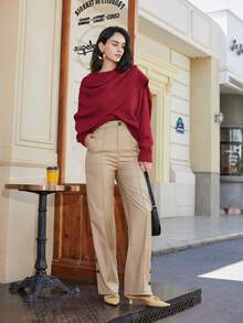 Áo len nữ dài tay màu trơn, kiểu dáng thường ngày, đa năng, nhuộm sợi, cổ chéo, phối cánh dơi, thiết kế thanh lịch và thời trang, thích hợp cho mùa xuân và Giáng sinh. - Đỏ - Xem 9