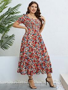 Vestidos Floral de Tallas Grandes para Mujer, Vestidos Sin Tirantes Para Mujer, Vestidos Alegre y Casual para Mujer, Adecuado para Uso Diario Informal Y Vacaciones En La Playa - Rojo - Ver 7