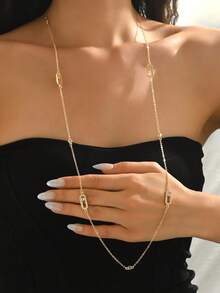 1 件女士法式镂空矩形几何长项链毛衣链，百搭分层佩戴，适合派对、聚会、休闲 - 金色 - 查看 8