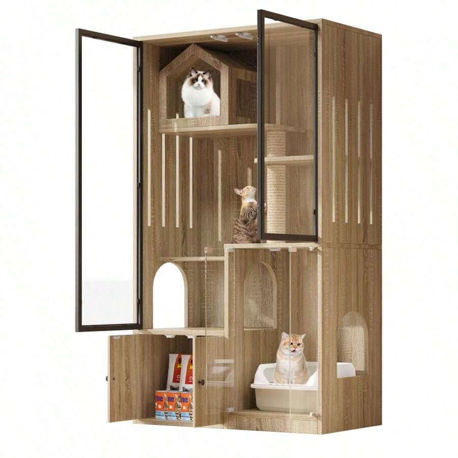 Cat Cage, Cat House, Cat Villa, Glass Cat House, Large Four-Story Cat Fence, Winter-Proof Cat House, Winter-Proof Small Animal House, With Scratching Post, Natural Wood Color, 90*50*160cm - Brown - View 1
