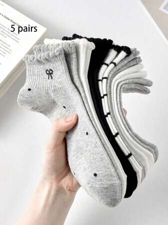 1/5 pares de calcetines de mujer con lunares y lazo, calcetines deportivos de moda casual