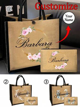 Set de 2 piezas: Bolso de mano y estuche de maquillaje con patrón de corona floral personalizado con nombre. Bolso de mujer de lino de gran capacidad, bolsa de compras, bolso de almacenamiento casual portátil, adecuado para viajes diarios, vacaciones en la playa, bolsa de compras de gran capacidad, muy adecuado para cumpleaños, universidad, trabajo, negocios, viajes, al aire libre, vacaciones.