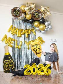 19 piezas/Set Decoraciones de Bandera de Fiesta de Año Nuevo 2026, Incluye Globos con Número 2026, Copas de Vino de Año Nuevo, Botellas de Vino, Globos de Pentágono, Globos con Letras, Adecuado para Decoraciones de Año Nuevo 2026, Suministros de Fiesta de Víspera de Año Nuevo 2026, Decoraciones Navideñas