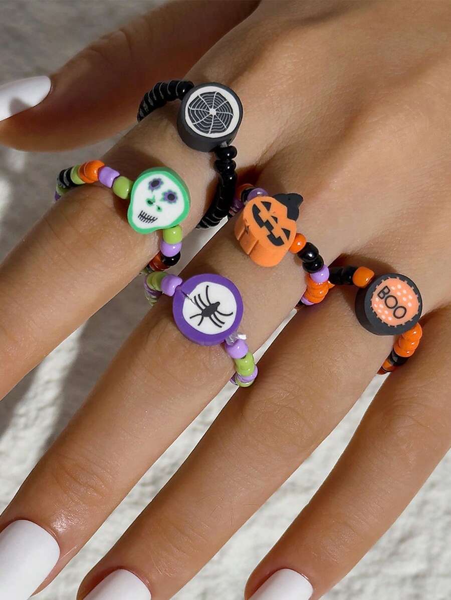 5 Pieces /Set Halloween Pumpkin Beaded Ring Cartoon Fun And Funny Skull Spider Elastic Resin Ring Set