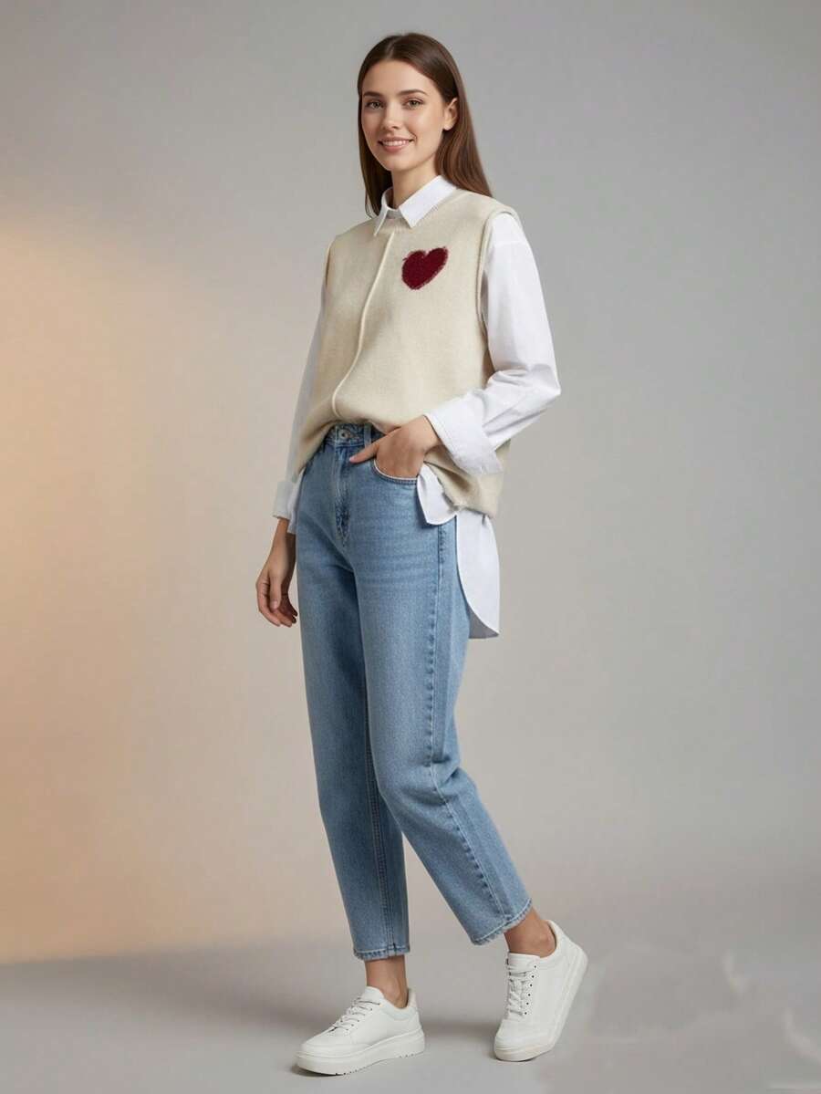 Women's Cute Solid Color Sweater Vest, Minimalist Fashion Casual Daily Wear, Adorable Knit Top, Spring/Autumn, School, Sweater, Love Heart Pattern Sweater, Casual Sleeveless Knit Top, Knitted Pullover For Autumn/Winter