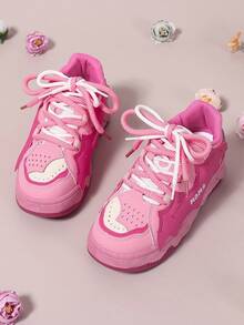 Women's Lace Up Shoes, Round Toe Thick Soled Shoes, European And American Style Sports Shoes, Fashionable Sports Shoes, Color Matching Sports Shoes, Metal Thick Soled Sports Shoes, Women's Sports Shoes, Lace Up Sports Shoes - 玫瑰紅 - 查看 8
