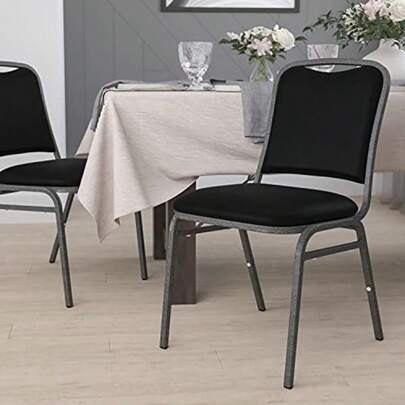 Stacking Banquet Chair In Black Vinyl - Silver Vein Frame
