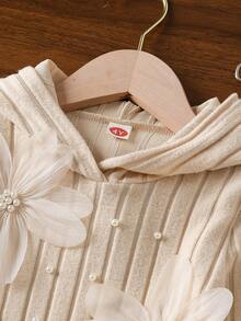 女童休闲可爱套装：串珠花连帽T恤+串珠花喇叭裤 - 杏色 - 查看 3