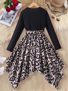Tween Girls Casual Chic Leopard Print Asymmetrical Hem Long Sleeve Round Neck Vintage Dress, Autumn/Winter - Black - View 2