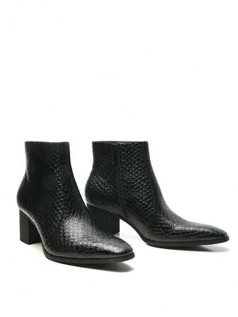 Men's Snake Skin Embossed High Heel Chelsea Boots, Elegant Western Style For Chinese Wedding, Commute, Office, Outdoor, All Season