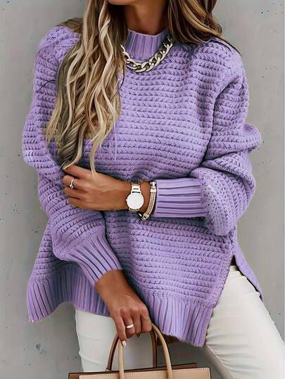 Suéter de Tricô de Manga Longa com Gola Alta em Cor Sólida Casual