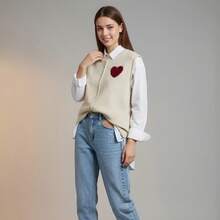 Women's Cute Solid Color Sweater Vest, Minimalist Fashion Casual Daily Wear, Adorable Knit Top, Spring/Autumn, School, Sweater, Love Heart Pattern Sweater, Casual Sleeveless Knit Top, Knitted Pullover For Autumn/Winter