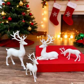 4 st vita hjortfigurer i plast, lämpliga för juldekorationer, heminredning, TV-skåp i vardagsrummet, bokhylla, förpackade i presentask