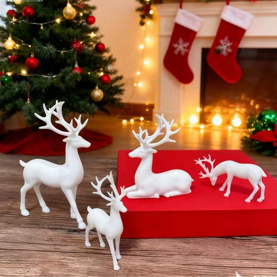 4个白色塑料鹿摆件，适合圣诞装饰、家居装饰、客厅电视柜、书架等，礼盒包装 - 彩色 - 查看 1