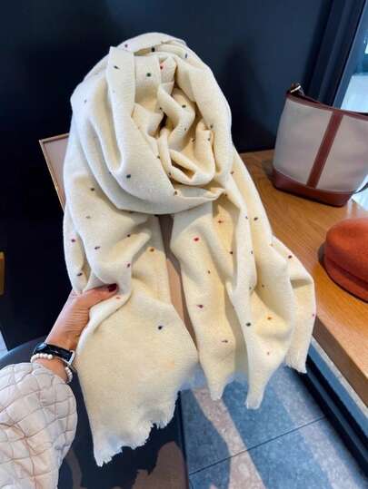 1 pezzo Sciarpa beige da donna, nuova sciarpa calda, sciarpa stile studente con frange e pois colorati, per il collo in inverno