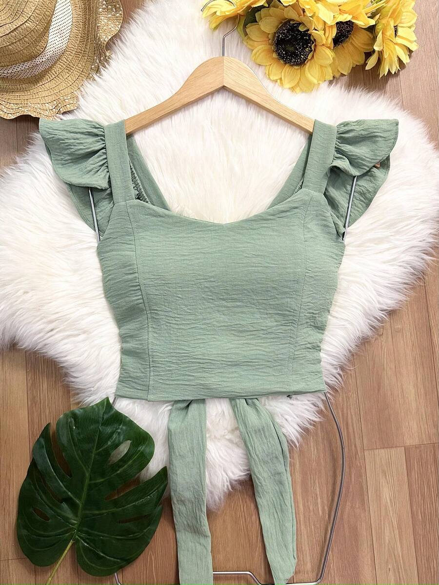 Yiang Cropped Blouse With Padding And Back With Dune Fabric Tie - Mint Green - View 1