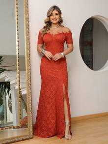 Long Off-The-Shoulder Party Dress In Shiny Lace - Burnt Orange - View 4