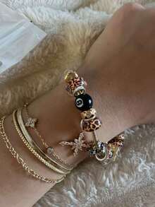 1 件豹纹樱桃 8 号台球串饰手链、1 件豹纹心形手链、1 件豹纹手链、1 件豹纹星星 DIY 手链、复古音乐节时尚手链 - 金色 - 查看 13