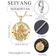 Seiyang Gold St Christopher Medal For Men 925 Sterling Silver Round St Christopher Pendant Mens Double Sided Saint Christopher Medallion Necklace Protection Jewelry Religious Gifts For Men Women