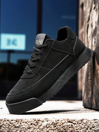 1 Pair Solid Color Patchwork Basic PU Leather Criss-Cross Strap Men's Shoes, Outdoor/Indoor College Style All Season Sneakers, 2025 New Design Minimalist Casual Retro Chunky Sneakers, Comfortable Lightweight Round Toe Travel Shoes, Black Low-Top Lace-Up Hiking Shoes, Yellow Non-Slip Breathable Skate Shoes, Niche Solid Color Skateboarding Shoes, Size 46