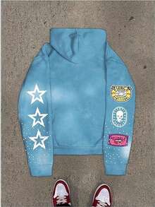 Full-Print Hooded Zip-Up Sweatshirt With Stars And Letters, Loose And Casual Cardigan Top, Unisex - Blue - View 2
