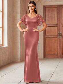 MIUSOL Elegant Sequin Lace Sweetheart Neck Ruffle Sleeve Satin Mermaid Hem Formal Party Maxi Fitted Dress Wedding Spring - Dusty Pink - View 4