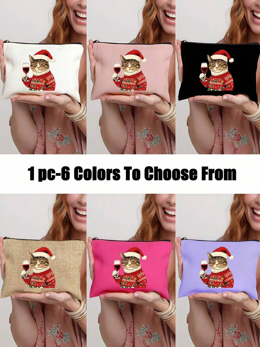 Cute Christmas Cat Holding A Red Wine Cosmetic Bag - A Cat Wearing A Christmas Hat And A Flowery Coat, A Multifunctional Storage Bag With Exquisite Printing And Unique Design, Suitable For Digital Bags, Hairdressing Bags, Swimming Bags,Bedroom Room Decor,Back To School - Multicolor - View 1