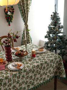 1 pieza Mantel de estilo vintage americano country con estampado de hojas de árbol de frutas, rectangular con flecos, adecuado para uso diario, festivales, reuniones familiares, fiestas de Navidad, decoración de mesa de comedor, decoración del hogar