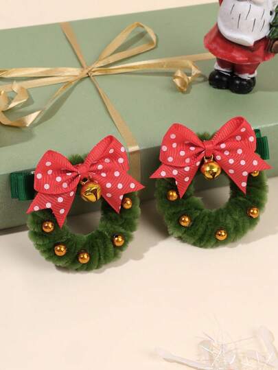 2 piezas Clips para el cabello con corona de Navidad para niñas, clips de cocodrilo con campana y lazo delicados, corona de pelo verde festiva, clips para el cabello con lunares rojos, pasadores para el cabello para fiestas de Año Nuevo, accesorios para el cabello lindos como regalo para adolescentes