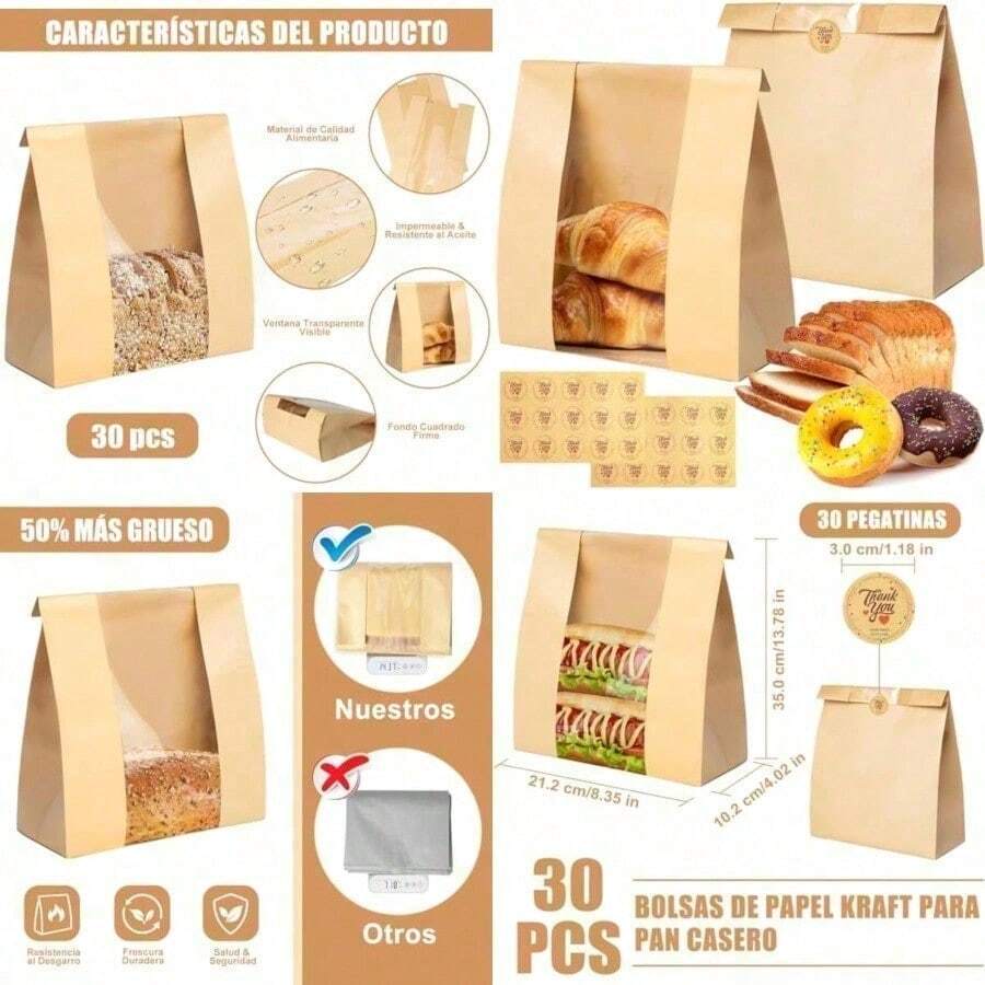 Bolsas de Papel Kraft para Pan 30PCS Bolsas Papel Grandes para Pan Casero Alimentos Bolsas de Pan Tostado para el Envasado de Bocadillos Sándwich Almacenaje Pastelería y Panadería - Como en la foto - Ver 1