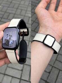 1pc Vintage Square Buckle Leather Magnetic Watch Band Strap Compatible With 38/40/41/42/44/45/46/49mm Ultra/Ultra2/SE/SE2/11/10/9/8/7/6/5/4/3/2/1 - White - View 6