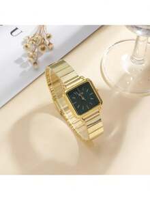 1pc Bamboo Strap Square Dial Gold Color Quartz Watch, Unique Design, Suitable For Daily Wear, Birthday, Women's Gift, Anniversary, Year-End Promotion, Singles' Day, Halloween Promotion, No Gift Box