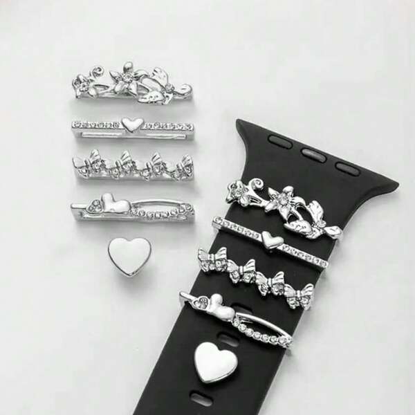 5 anéis decorativos para pulseira de relógio feminino, anéis decorativos para pulseira de relógio, anéis decorativos para relógio com strass, laço, coração, lírio, várias cores disponíveis, adequados para pulseiras de