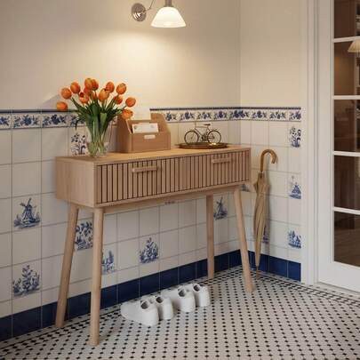 Schreibtisch, Holzschreibtisch, Eingangstisch,100x 35x 80cm, mit 2 Ablagefächern, rustikaler Naturstil, mit rutschfester Matte, original Holzfarbe, für Eingang, Flur, Wohn- und Arbeitszimmer