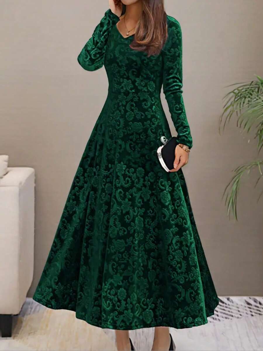 Floral Pattern V-Neck Velvet Dress, Elegant Long Sleeve Swing Dress For Spring Vacation - Green - View 1