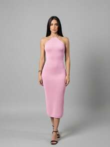 Halter Neck Midi Dress Knit Summer Simple Backless Asymmetrical Formal & Evening Wedding - Baby Pink - View 2